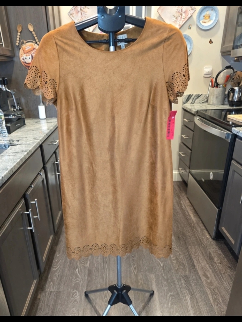 Como Vintage Tan Faux Suede Midi Dress with Scalloped Laser-Cut Trim